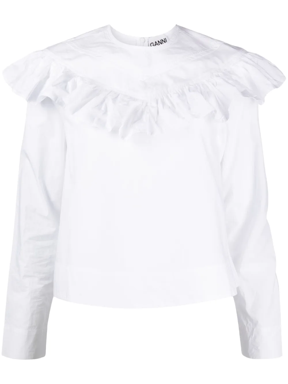 Ganni Cotton Poplin Frill Blouse Bright White In White