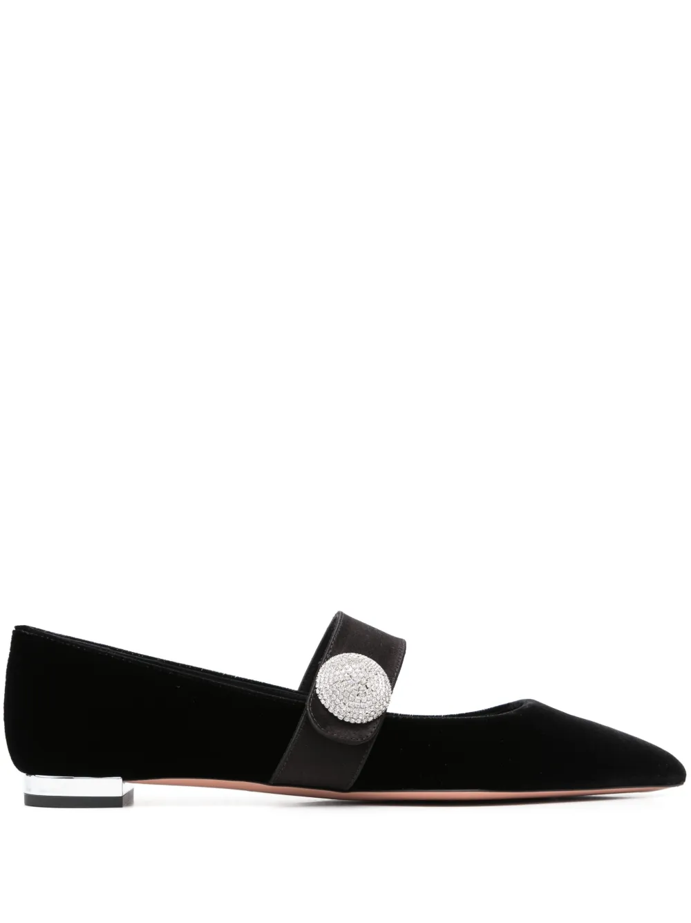 Aquazzura Crystal Macaron Embellished Satin-trimmed Velvet Point-toe Flats In Black