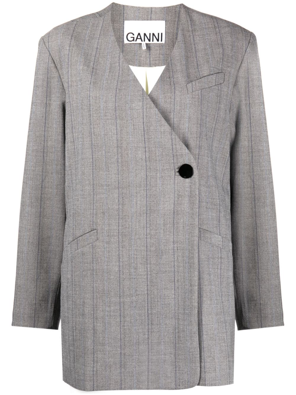 Ganni Herringbone-pattern Buttoned Blazer In Grey