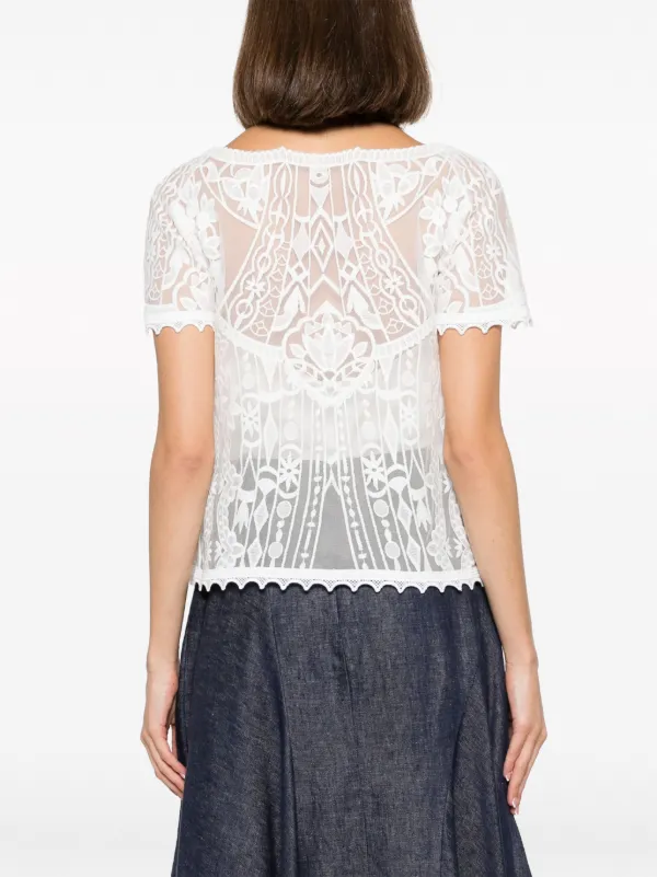 Gemy Maalouf Blusa Con Encaje Bordado y Cuello Cuadrado Blanco