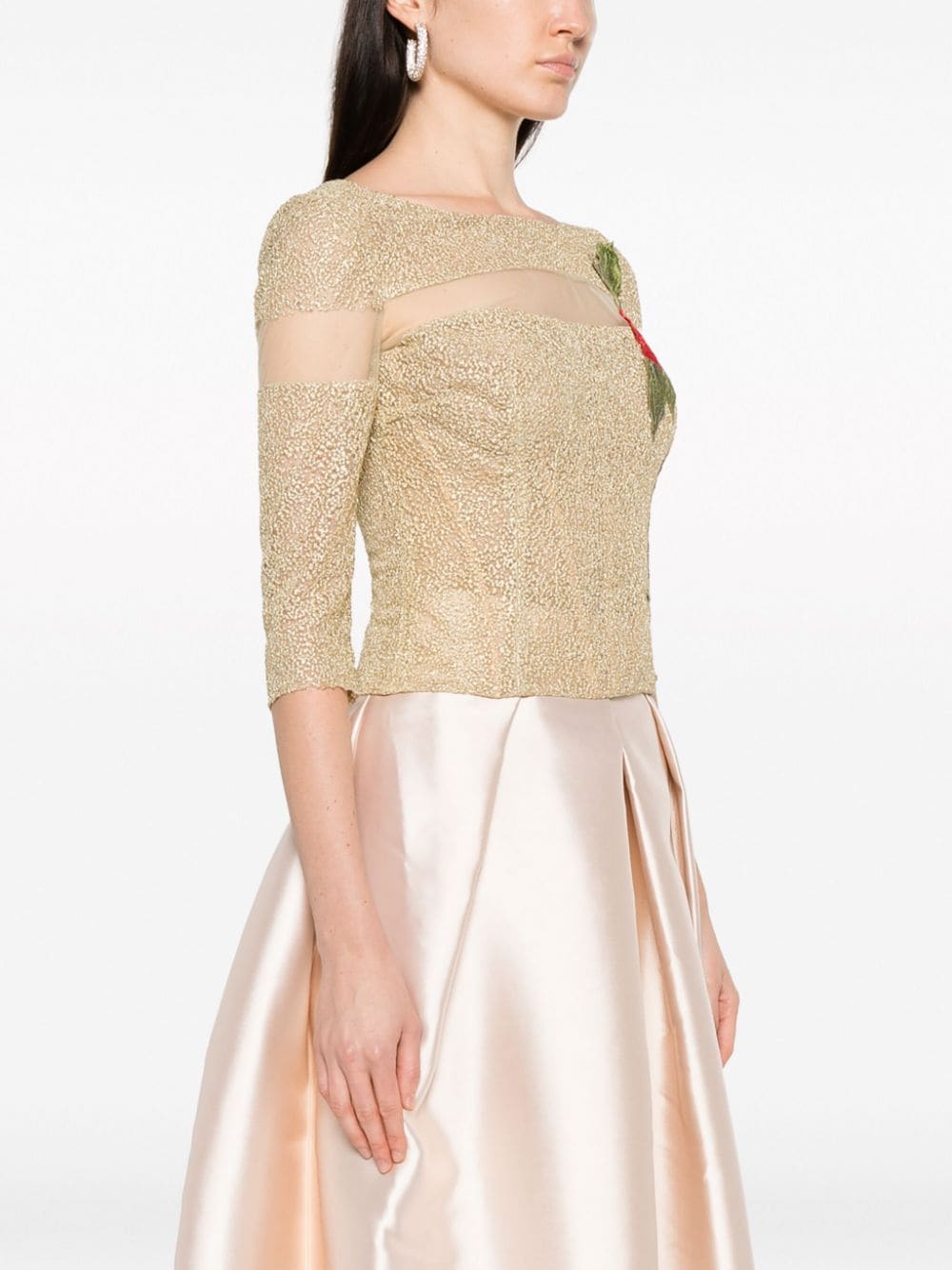 Shop Gemy Maalouf Rose-embroidered Jacquard Tulle Top In Gold