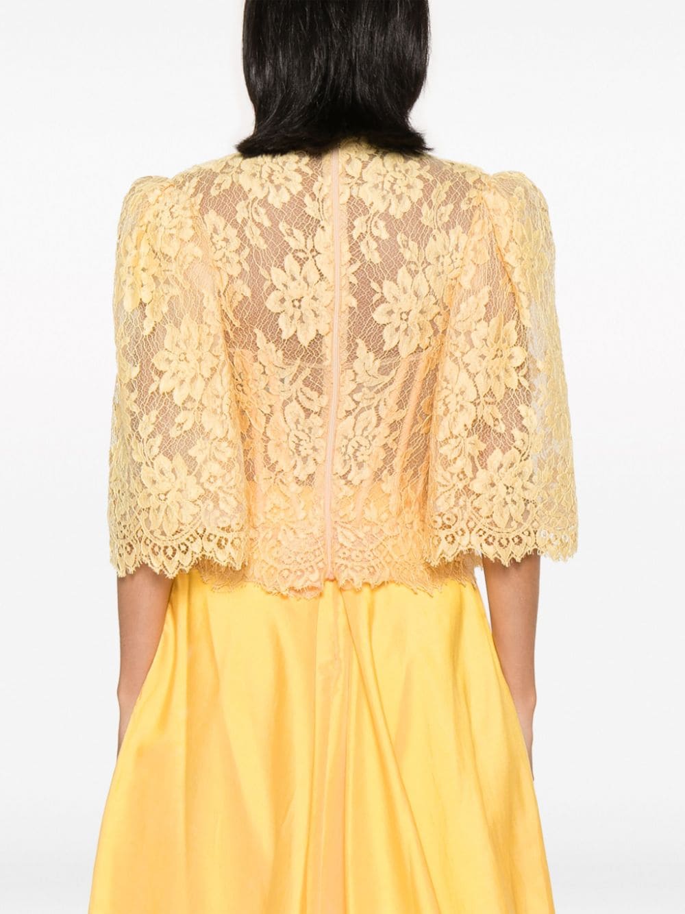 Shop Gemy Maalouf Floral-lace Puff-sleeve Top In Yellow