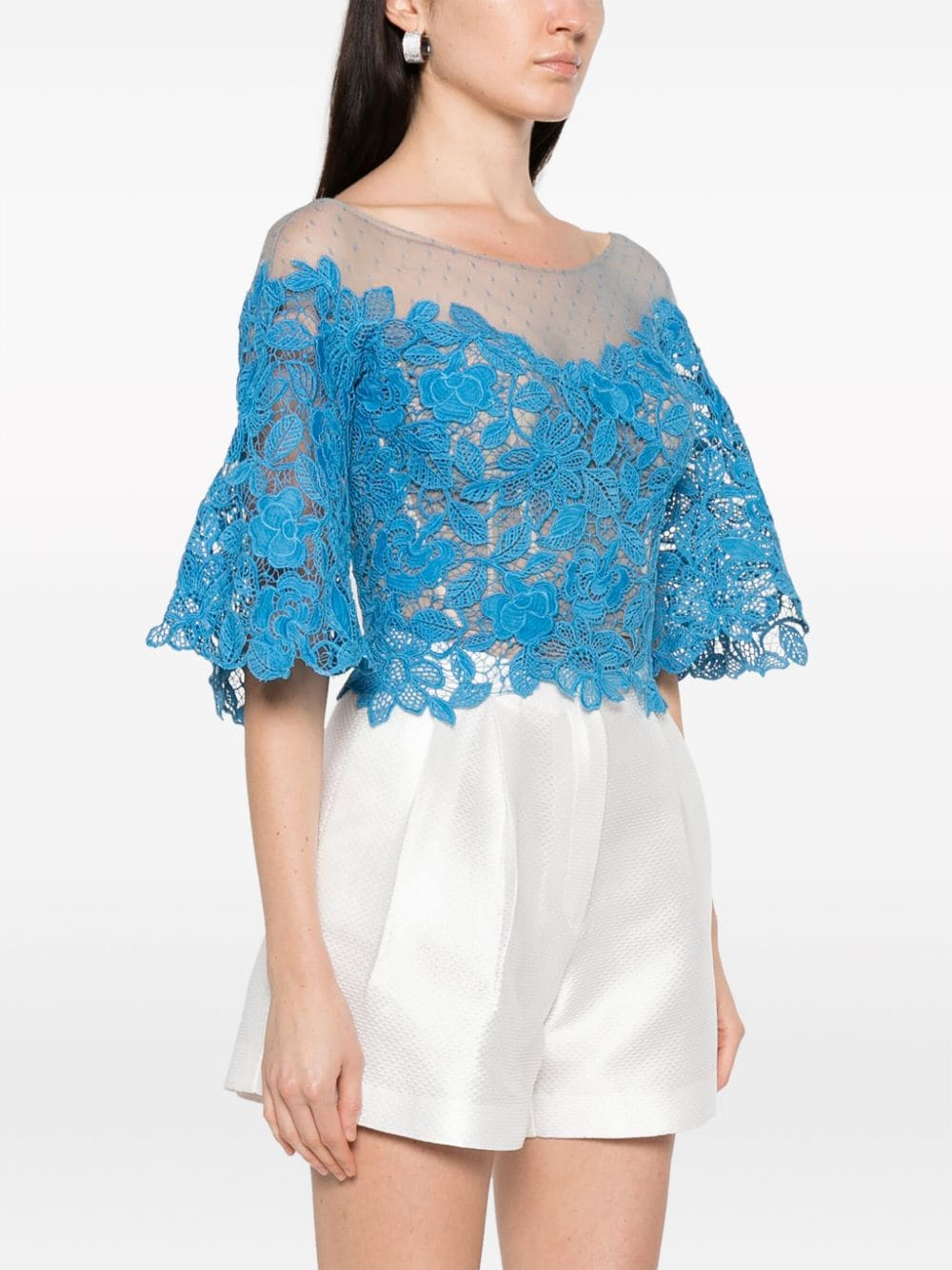 Shop Gemy Maalouf Cropped Corded Lace Top In Blue