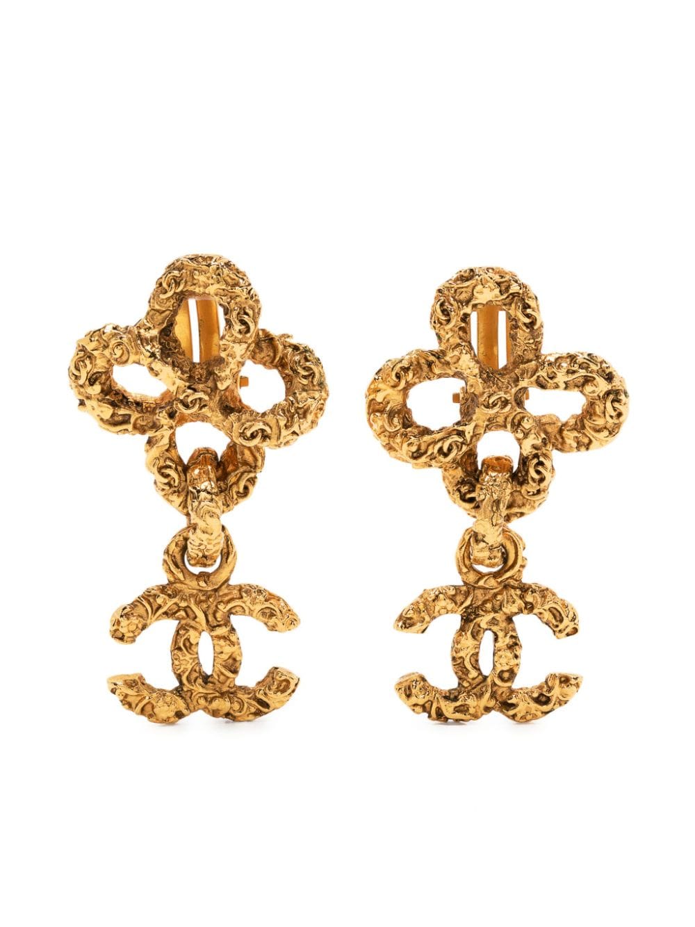 CHANEL Paris CC Spring 1993 Long Gold Plated Pearl Drop Round Earrings