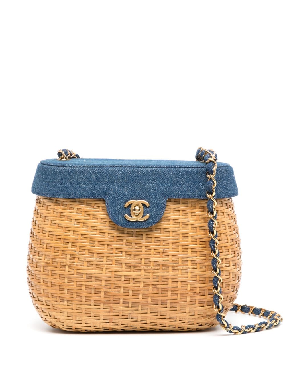 Pre-owned Chanel 1997-1999 Cc Turn-lock Straw Basket Shoulder Bag In Brown