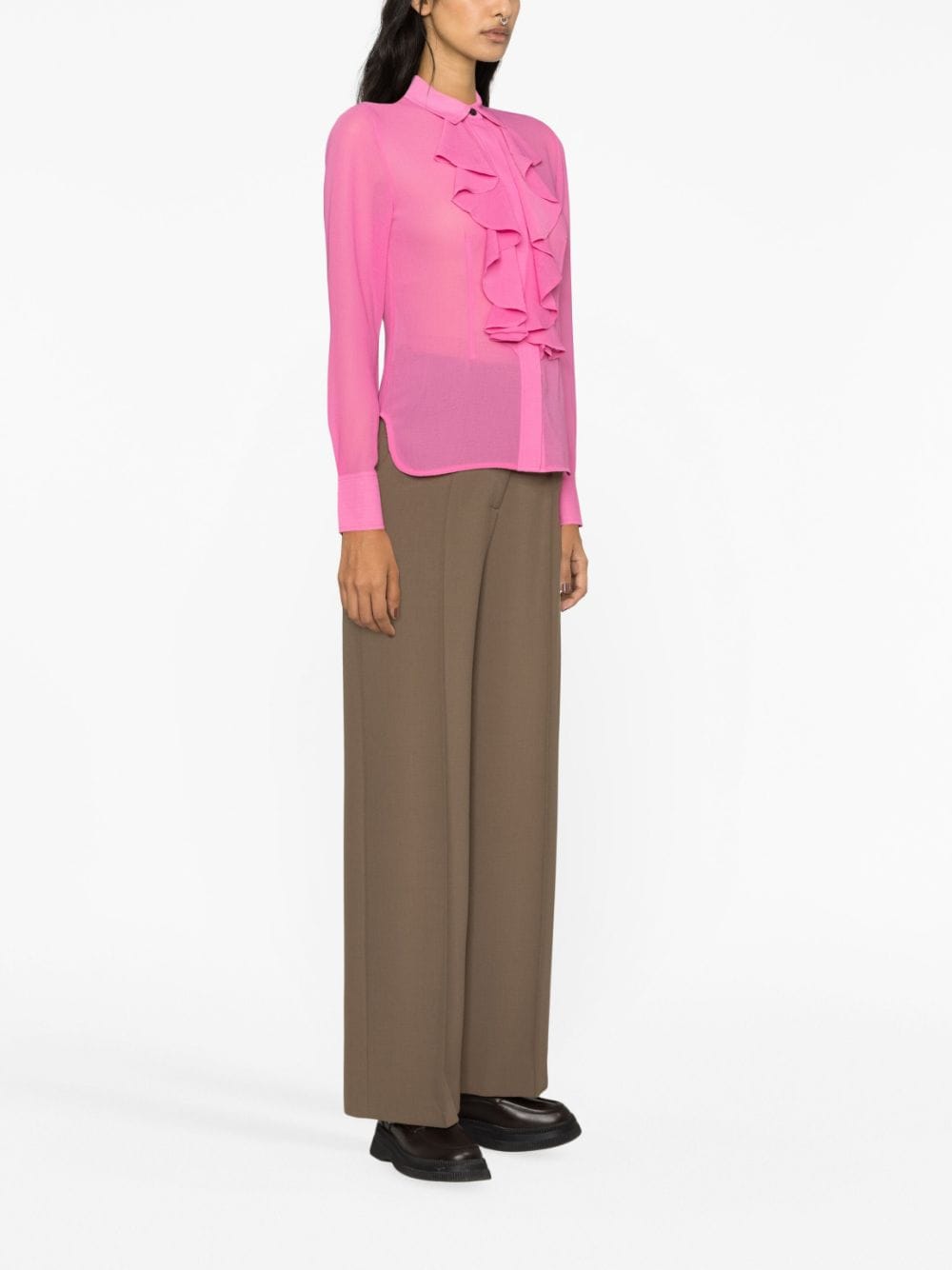 Shop Ganni Ruffled Chiffon Shirt In Pink