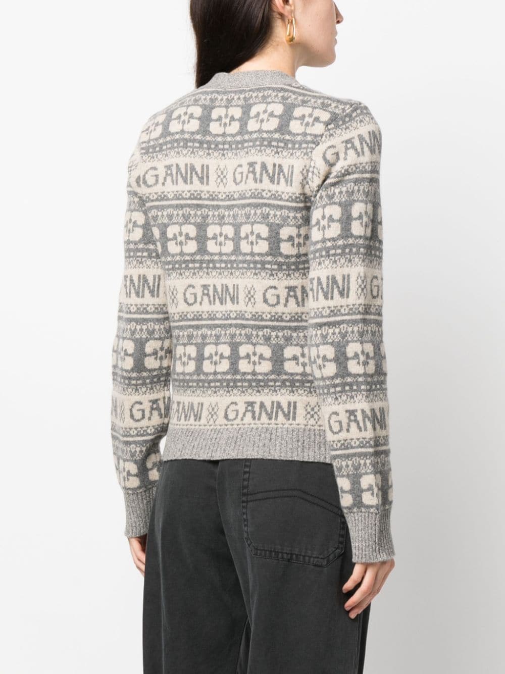 Shop Ganni Logo Intarsia-knit V-neck Cardigan In Grey