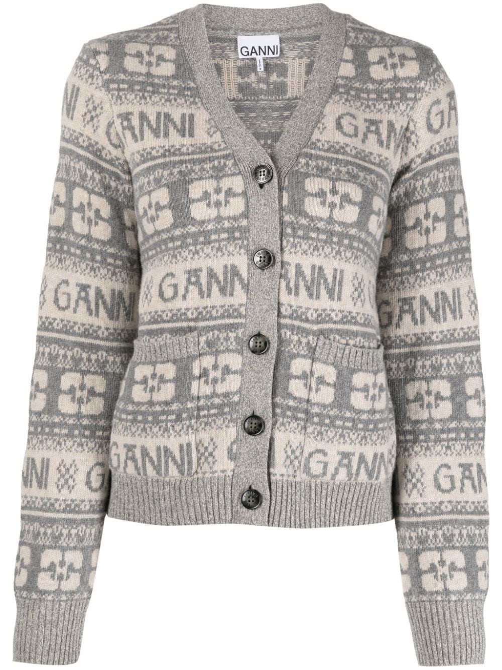 Shop Ganni Logo Intarsia-knit V-neck Cardigan In Grey
