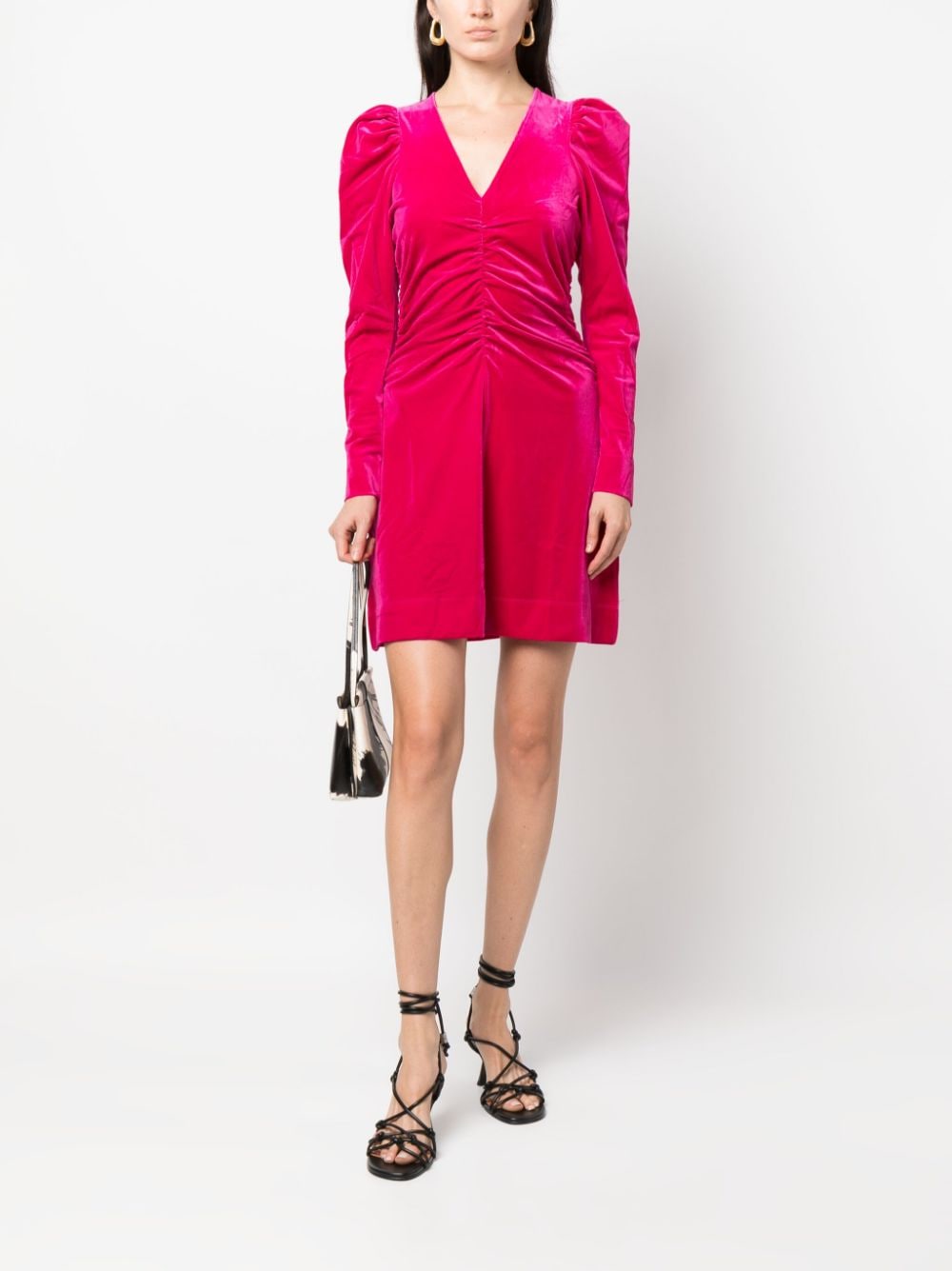 Shop Ganni Long-sleeve Gathered Velvet Minidress In Pink