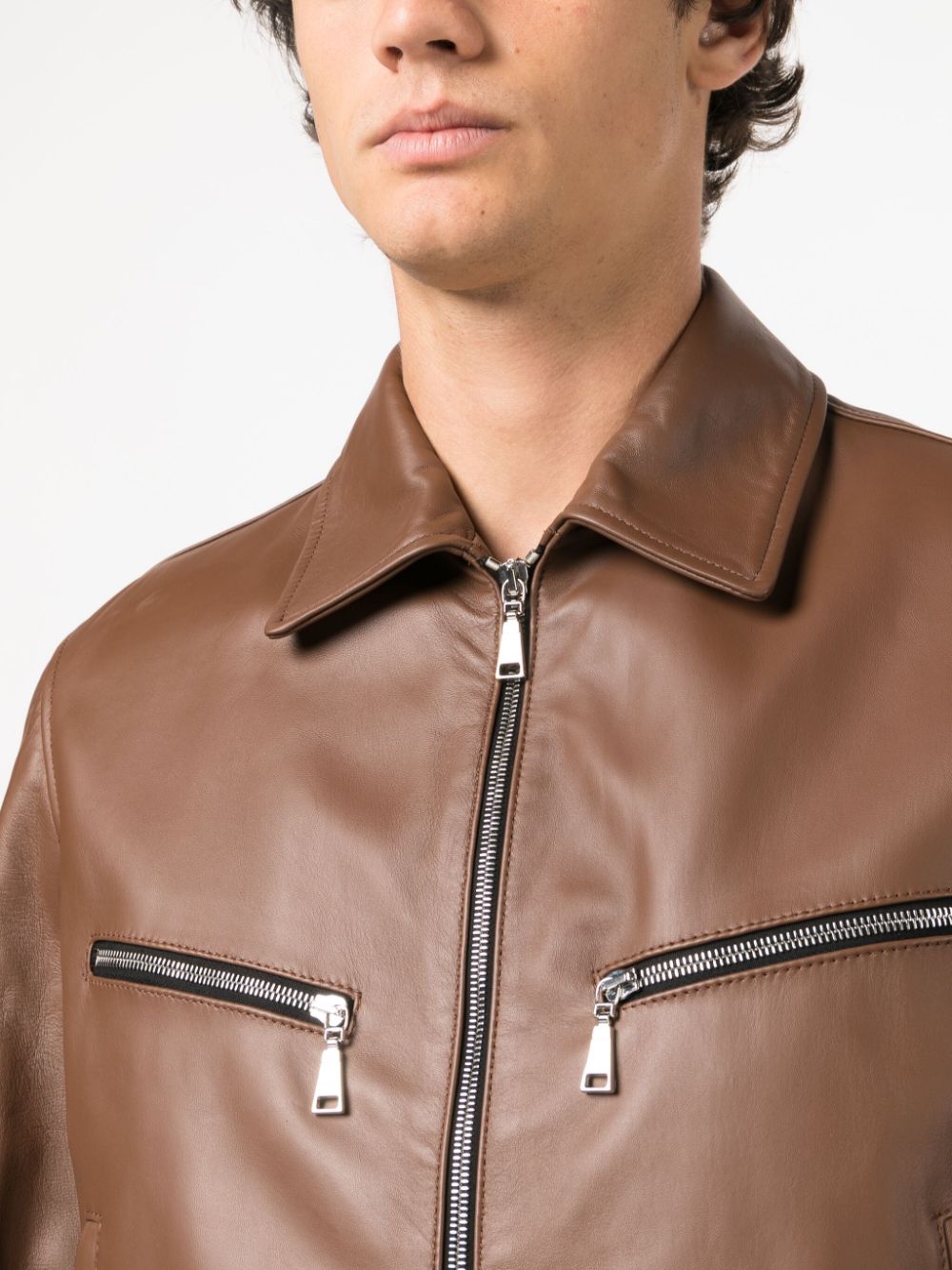 Shop Tagliatore Long-sleeve Leather Jacket In Brown