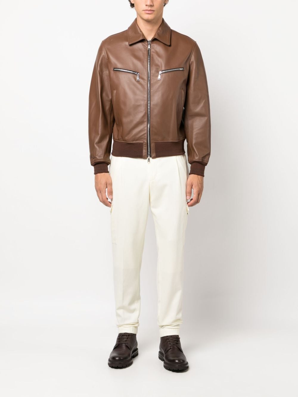Shop Tagliatore Long-sleeve Leather Jacket In Brown