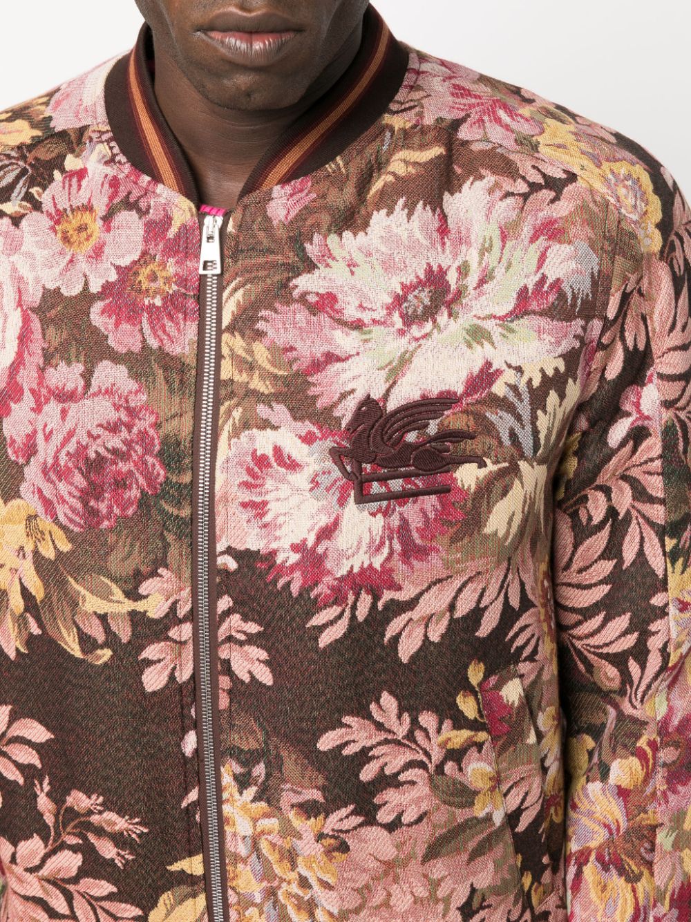 Shop Etro Floral-print Zip-up Bomber Jacket In Braun