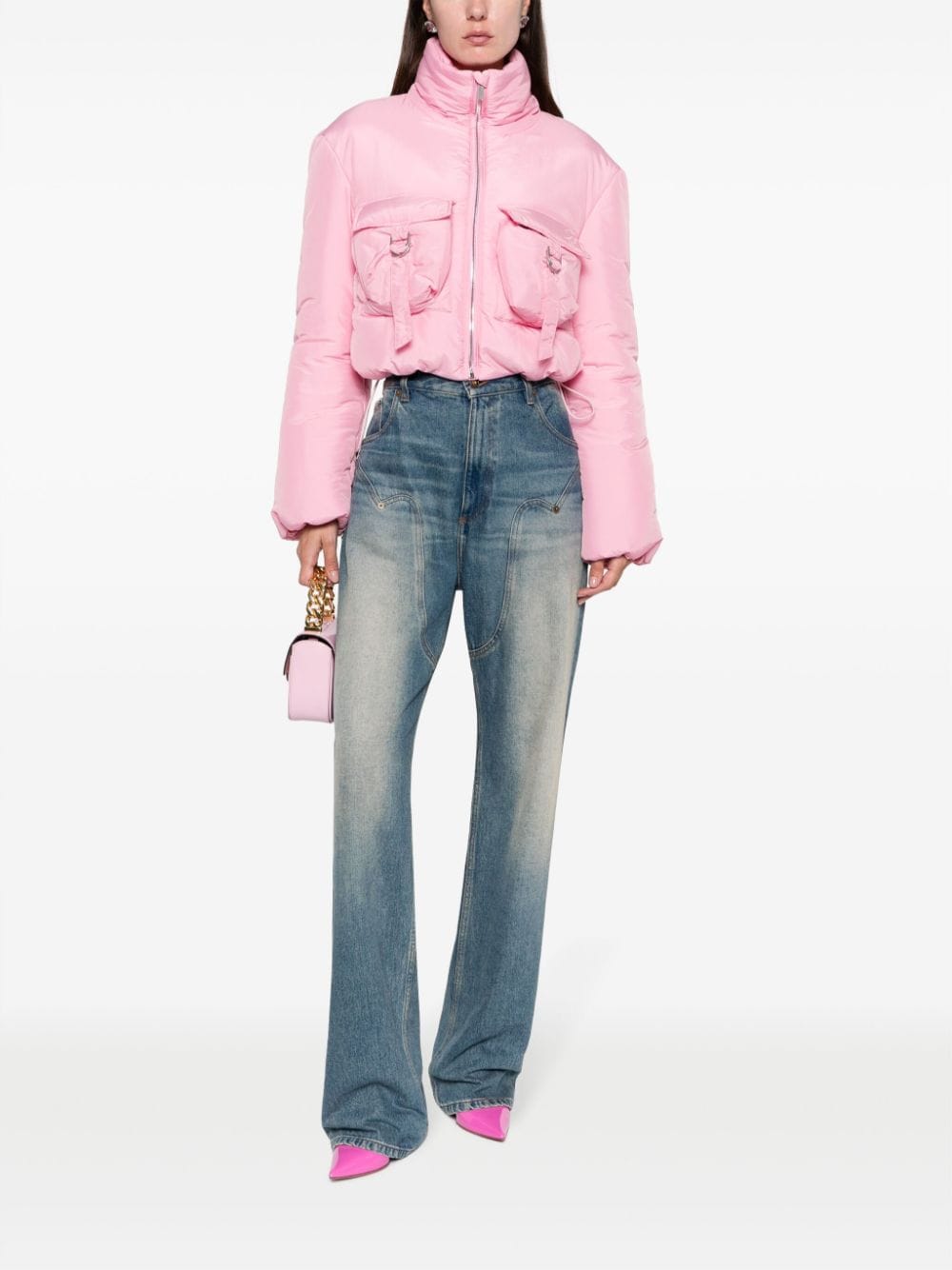 Shop Blumarine Funnel-neck Cropped Puffer Jacket In Pink