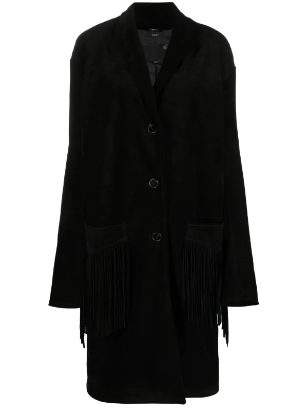 R13 Fringed Suede Single Breasted Coat in Black