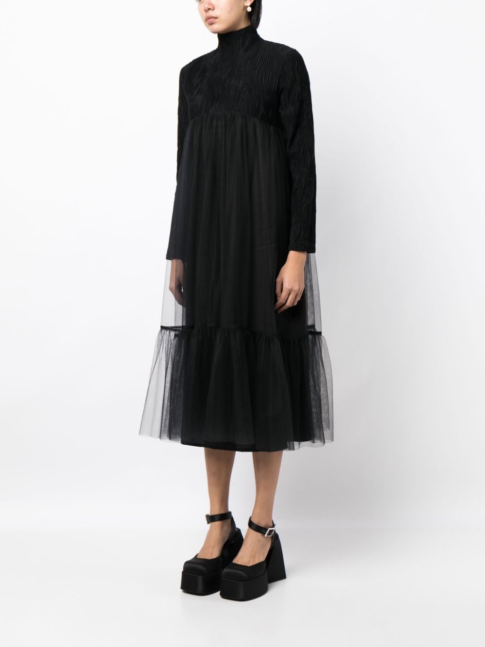 Shop Noir Kei Ninomiya High-neck Tulle-overlay Midi Dress In Black