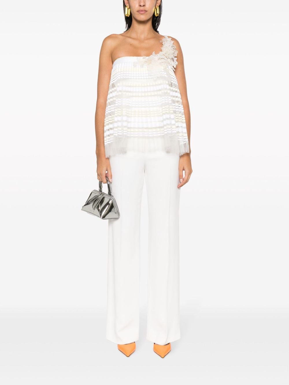 Shop Gemy Maalouf Floral-appliqué Pleated Top In Neutrals
