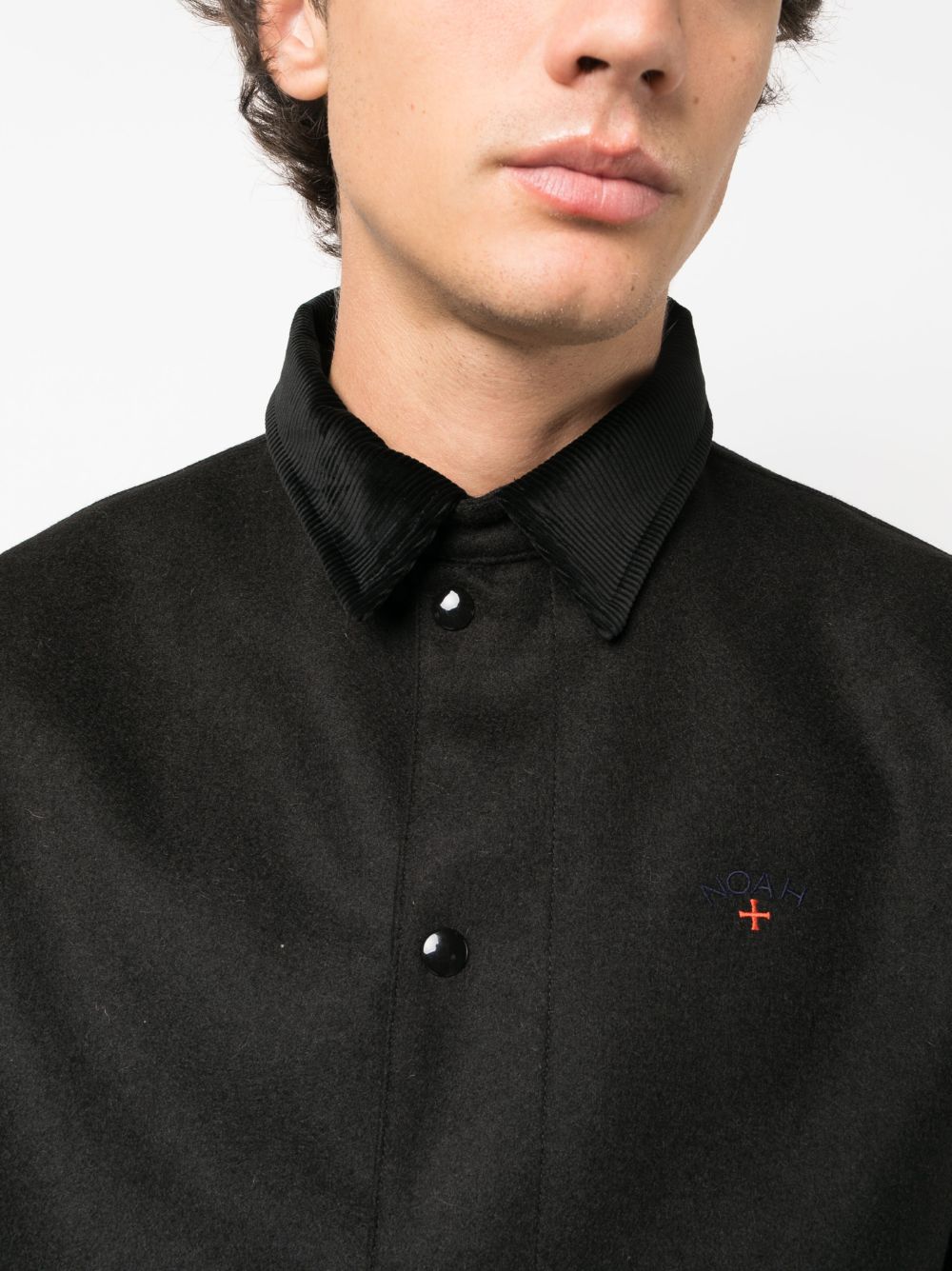 Shop Noah Ny Campus Logo-embroidered Wool Shirt Jacket In Black