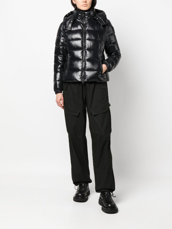 Hooded black down jacket with rubber monogram