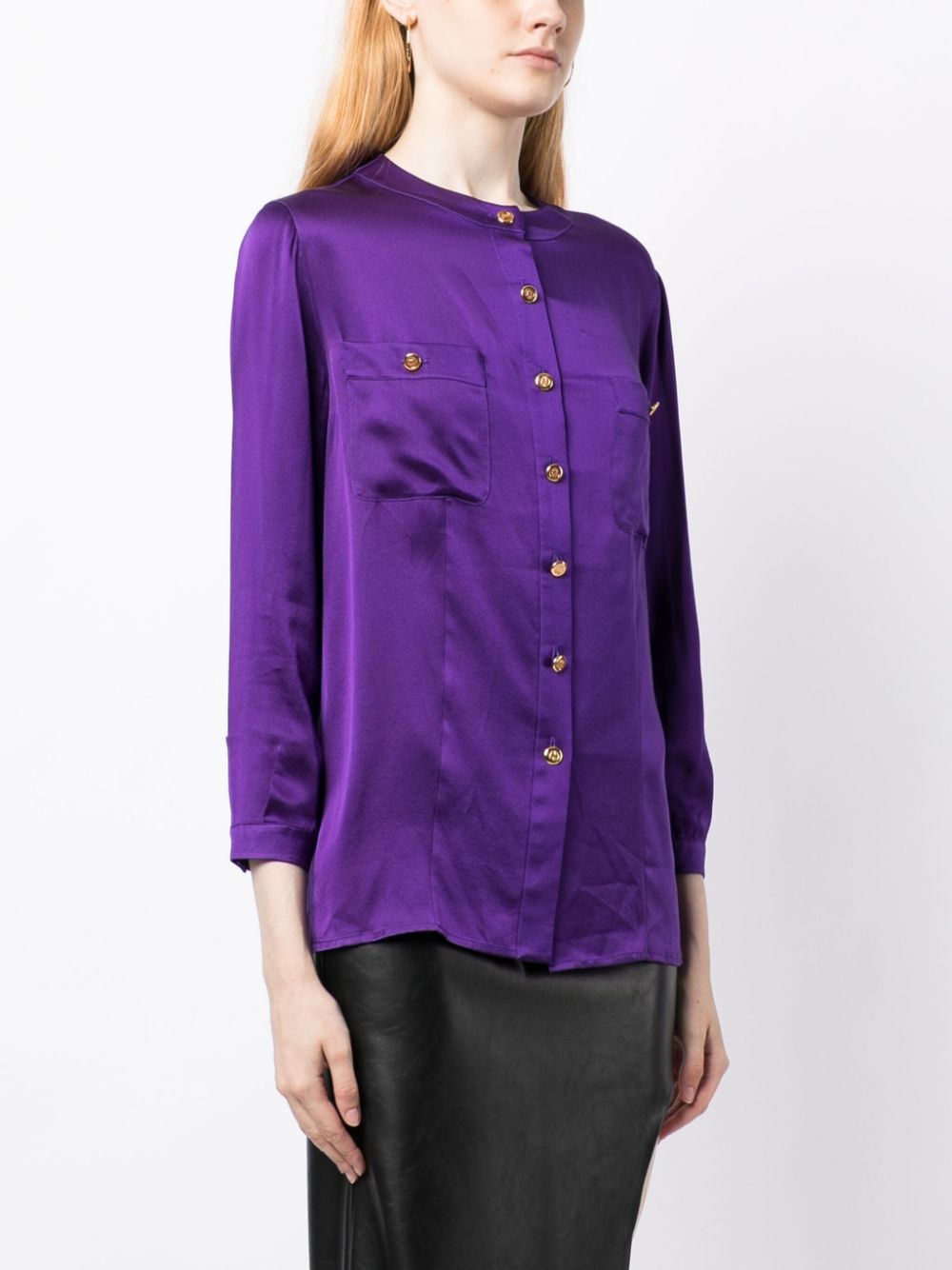 Affordable HOT SALE CHANEL 1990-2000 logo-buttons collarless silk shirt Women