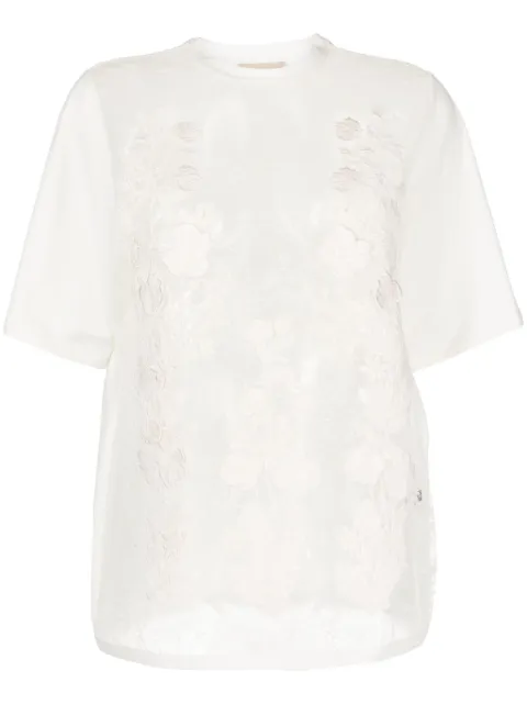 Elie Saab floral-appliqué sheer T-shirt