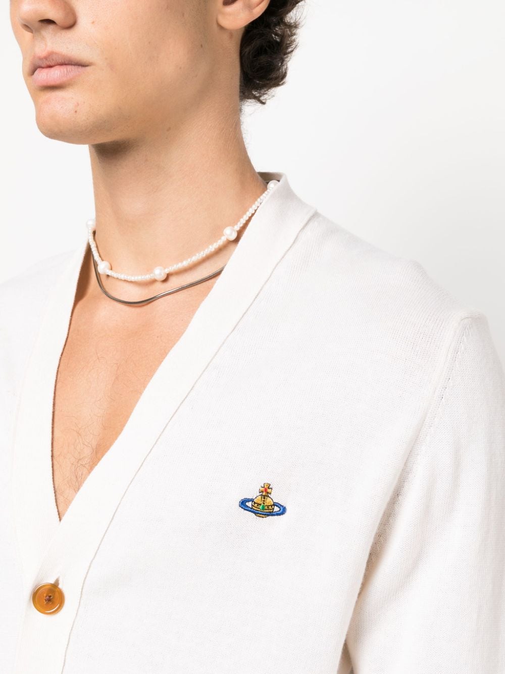 Shop Vivienne Westwood Orb-embroidered Cotton-cashmere Cardigan In Neutrals