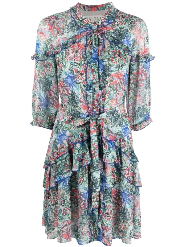 Saloni floral-print Silk Ruffled Minidress Green FARFETCH IL
