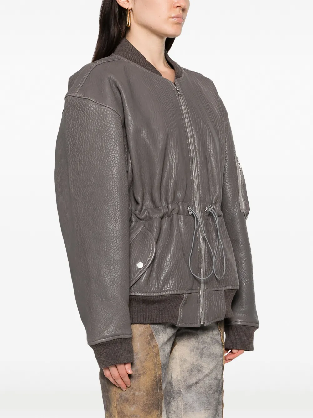 Shop David Koma Leather Bomber Jacket In Grey