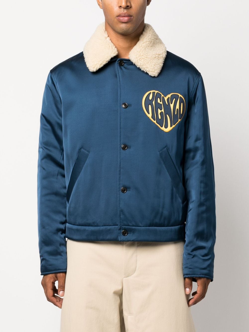 Shop Kenzo Heart-embroidery Shearling Collar Jacket In Blue