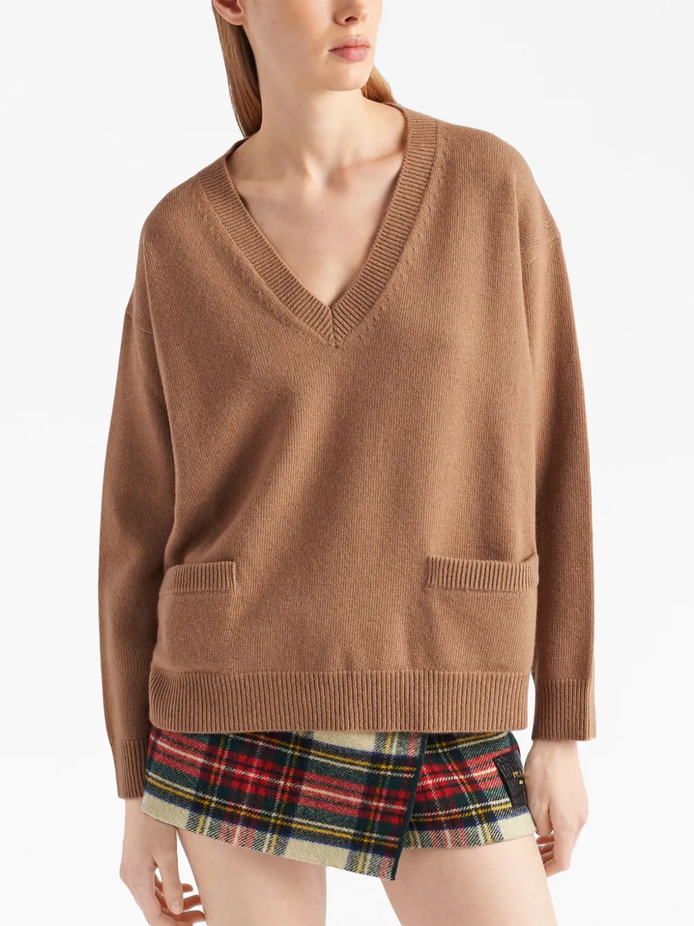 Shop Prada V-neck Cashmere Jumper In Braun