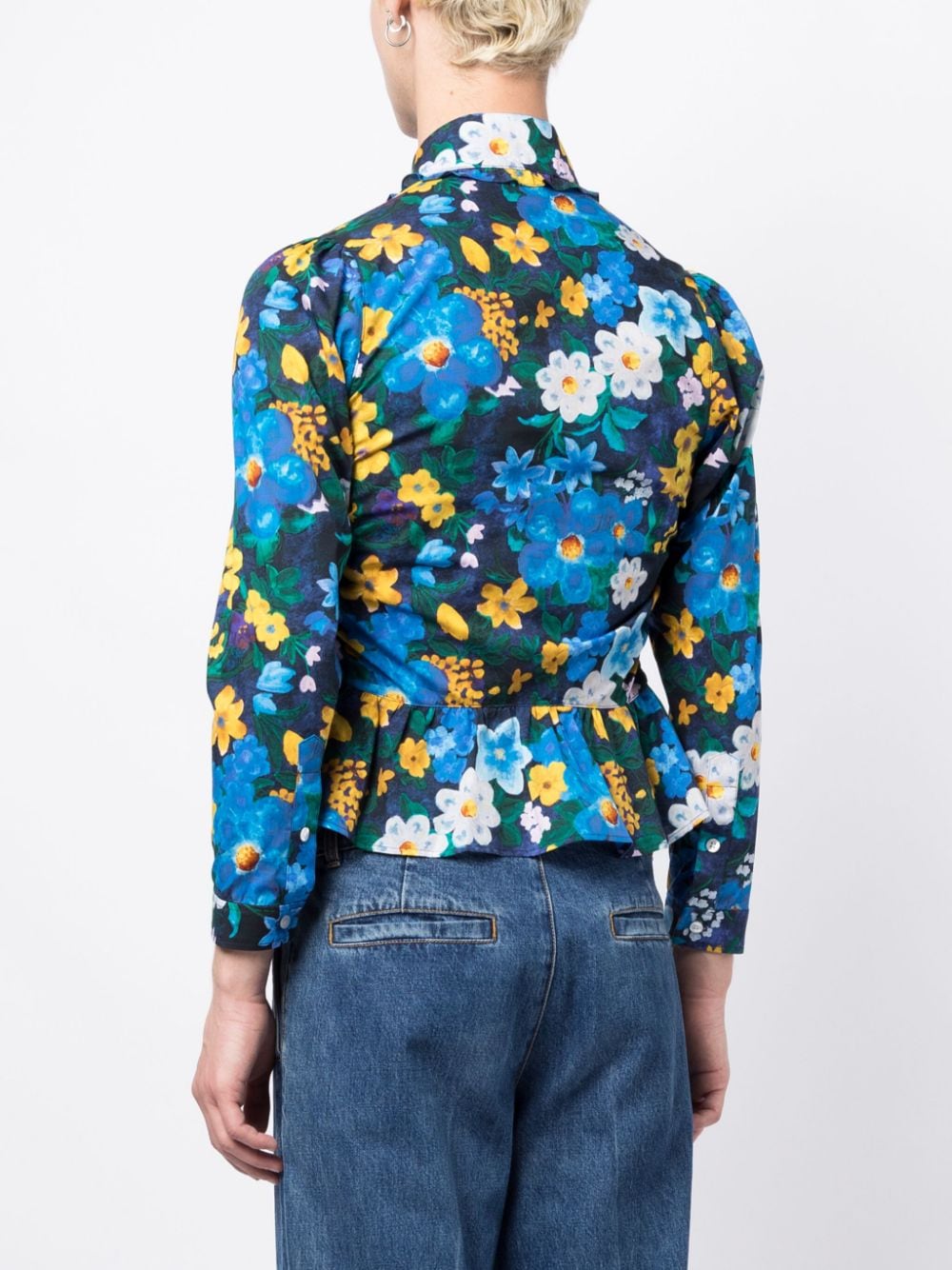 Shop Egonlab Floral-print Peplum-hem Cotton Shirt In Blue