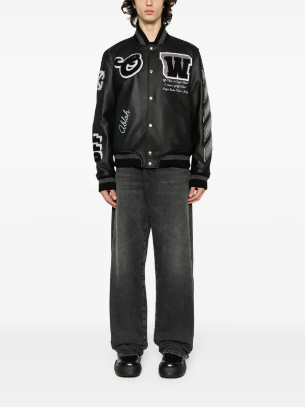 Off White logo appliqu Leather Bomber Jacket Farfetch