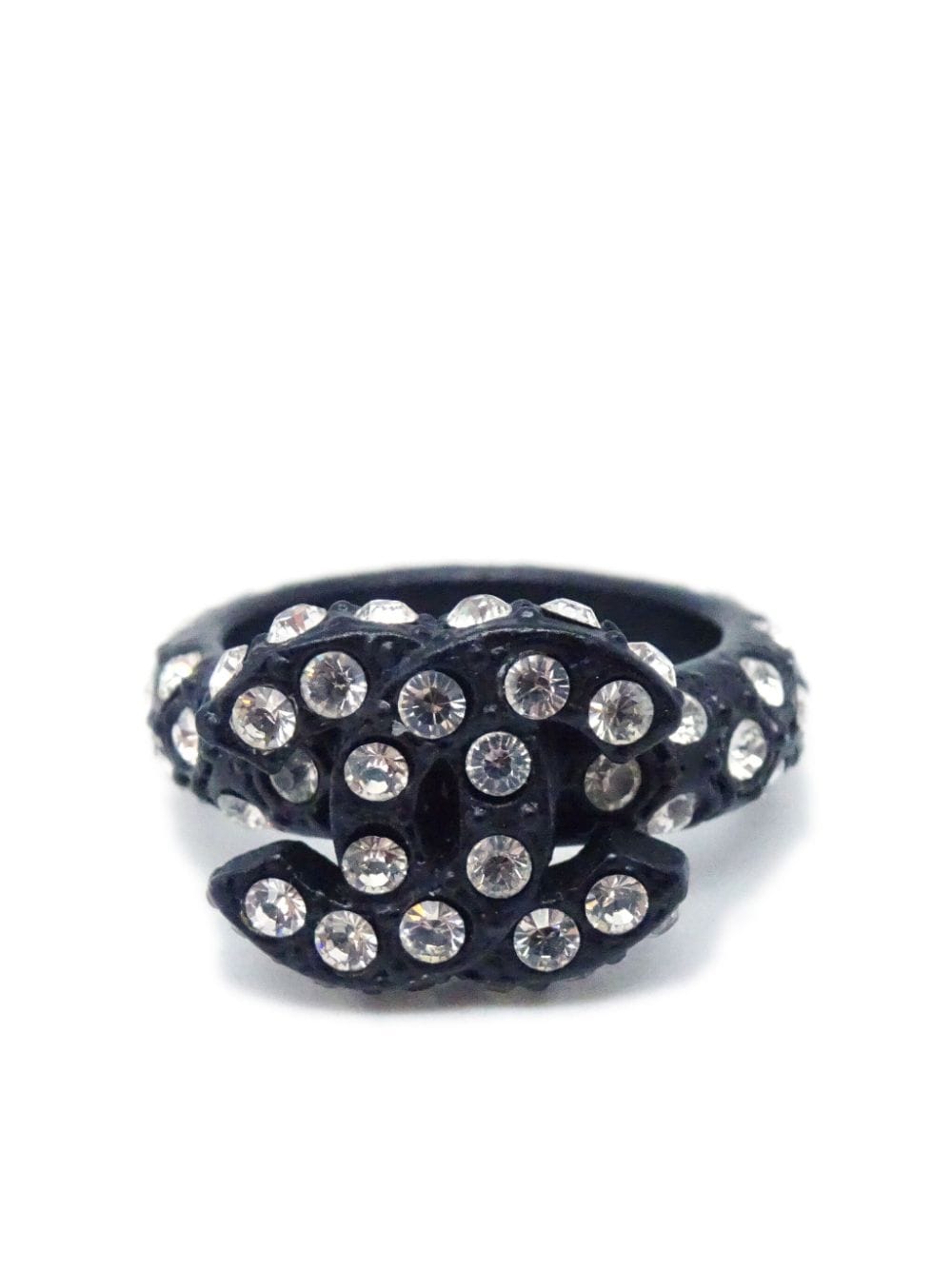 Pre-owned Chanel 2002 Cc Rhinestone-embellished Ring In Black