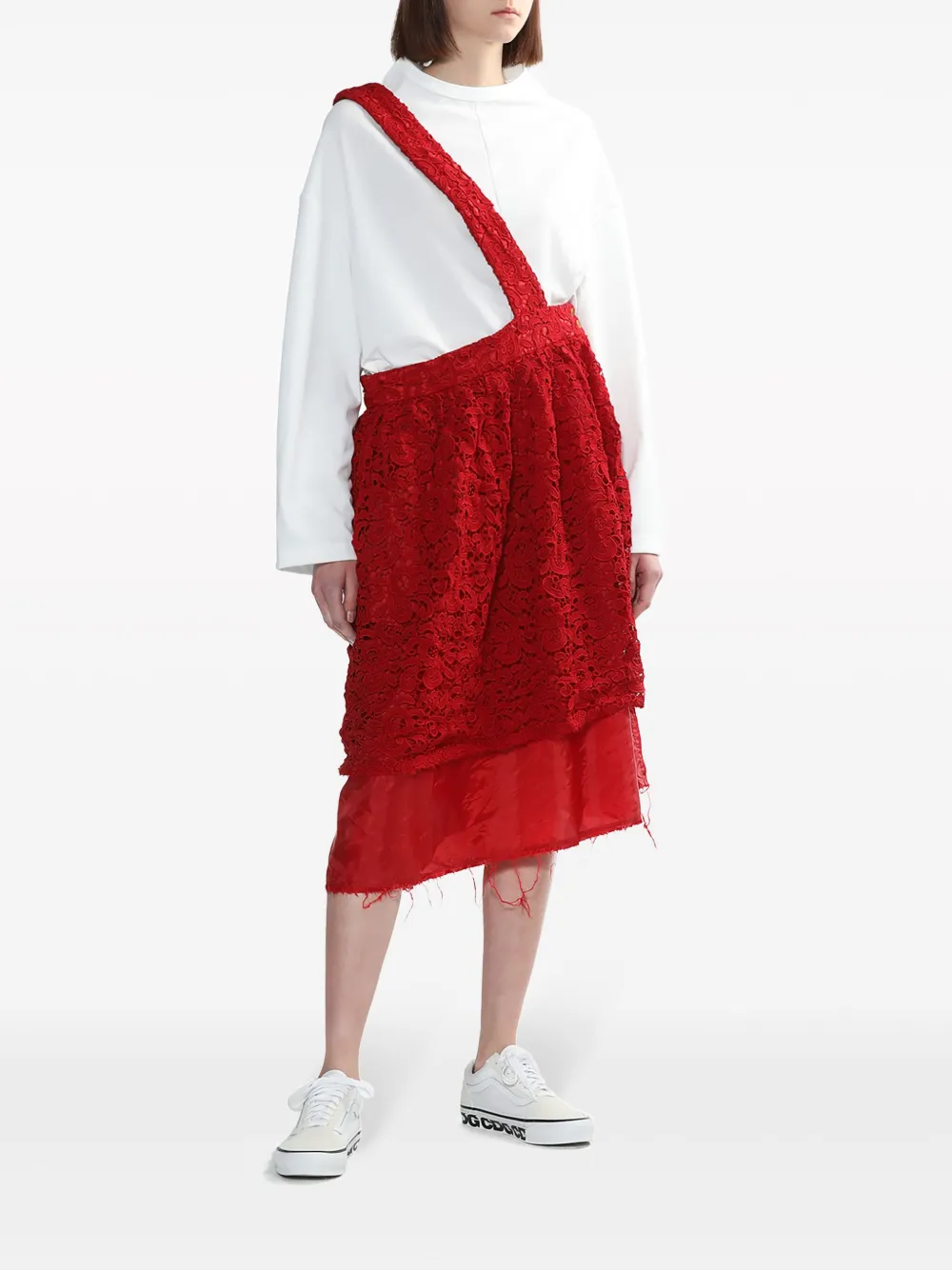 Comme Des Garçons Floral-embroidered Midi Skirt In Red