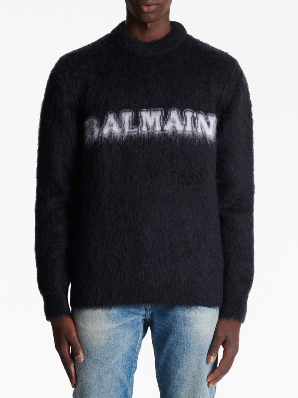 Shop Balmain Logo-print Brushed-finish Jumper In Black
