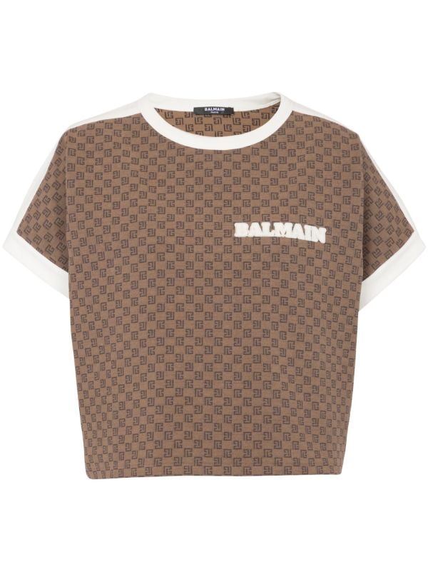 Balmain monogram-pattern Stretch-cotton T-Shirt - Brown