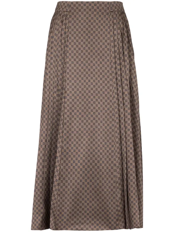 Balmain Monogram-print Pleated Midi Skirt in Brown