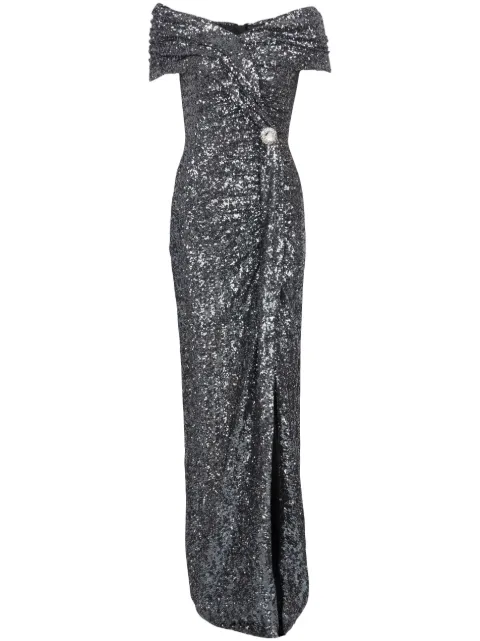 Balmain robe longue ornée de sequins à épaules dénudées