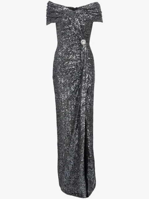Balmain kjole med paillet-udsmykning og off-shoulder-snit