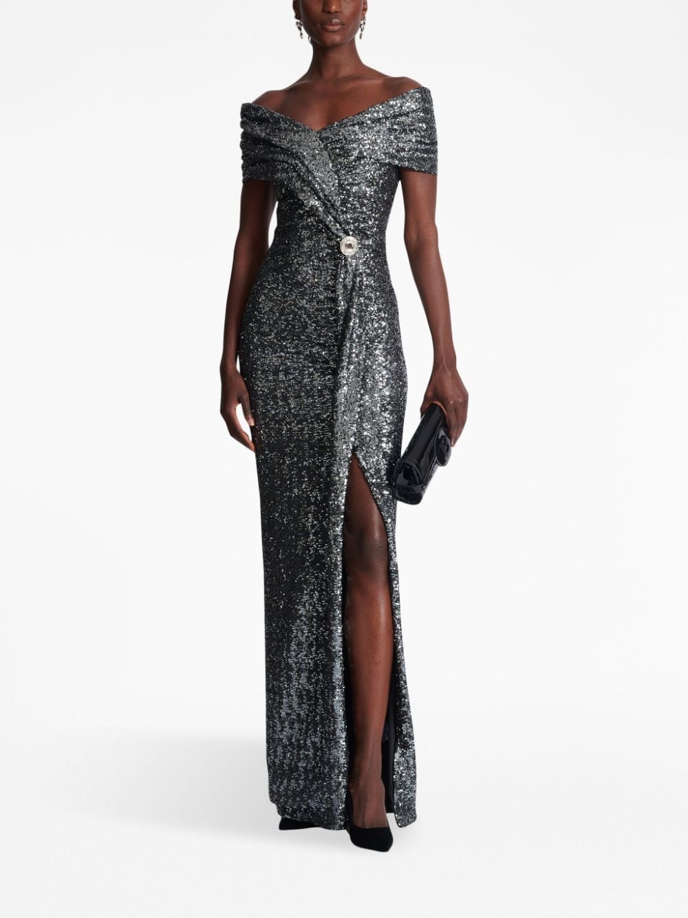 Shop Balmain Off-shoulder Sequin-embellished Gown In Silver