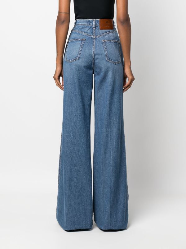 Flower-embroidered high-rise wide-leg jeans