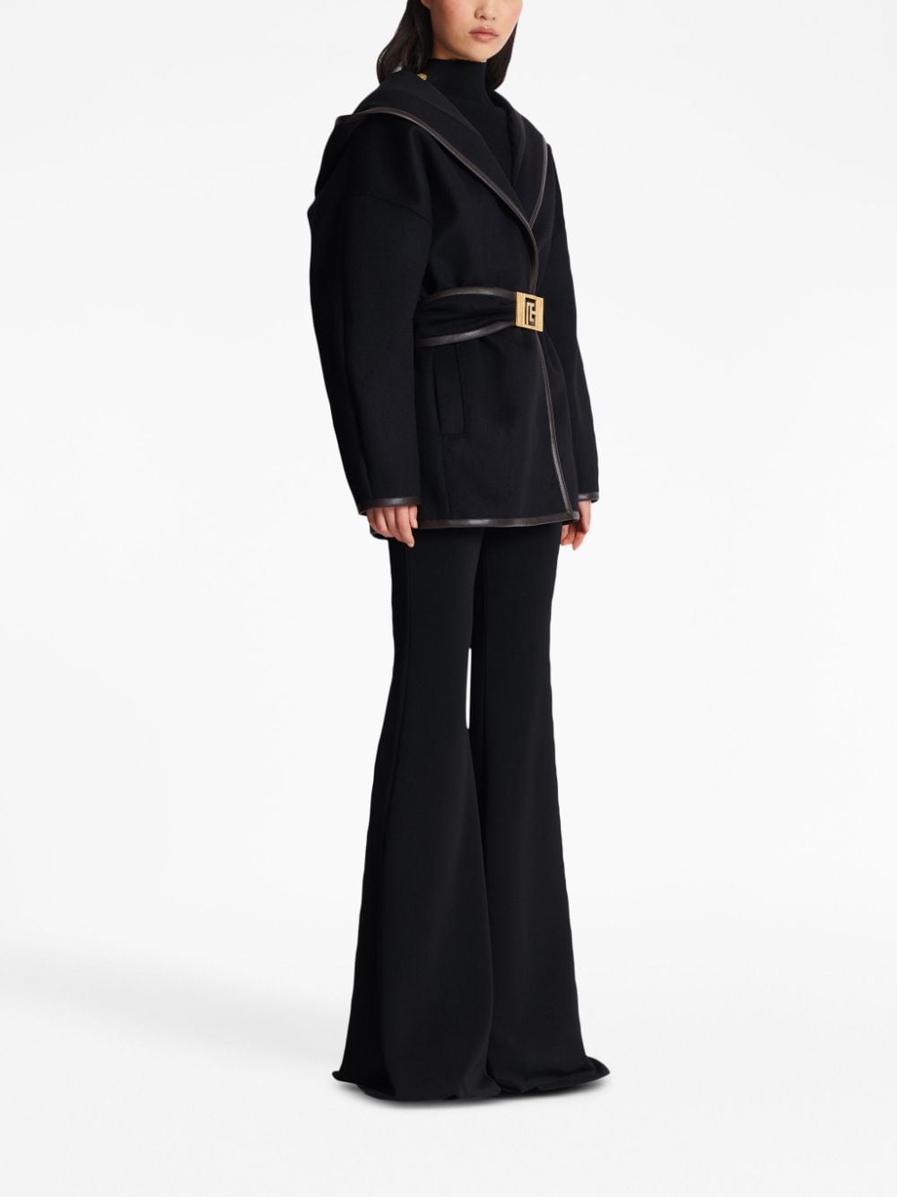 Shop Balmain Belted-waist Wool Coat In Black