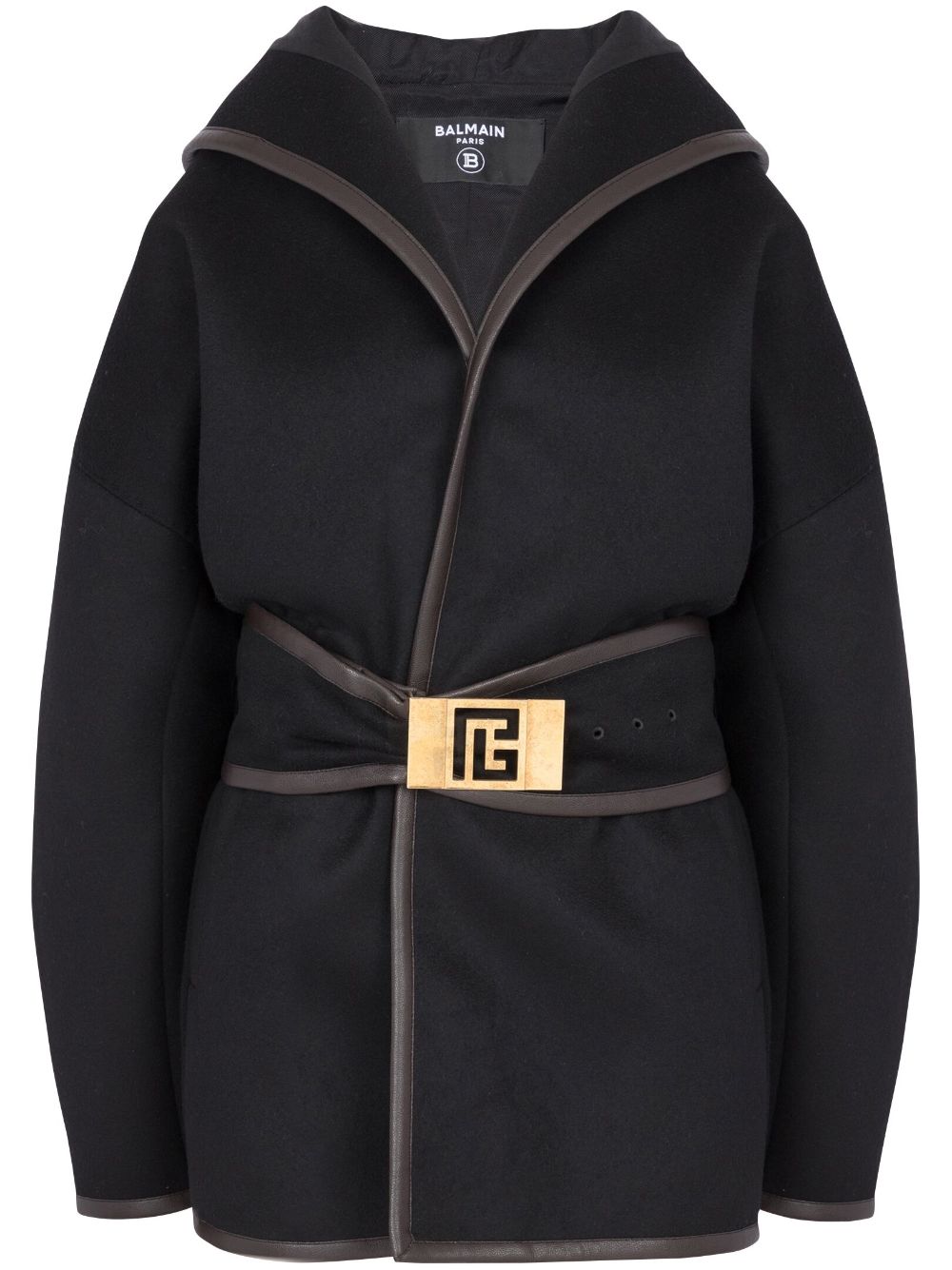 Shop Balmain Belted-waist Wool Coat In Black
