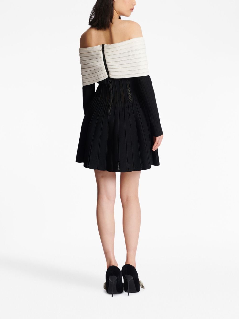 Shop Balmain Off-shoulder Knitted Minidress In Black