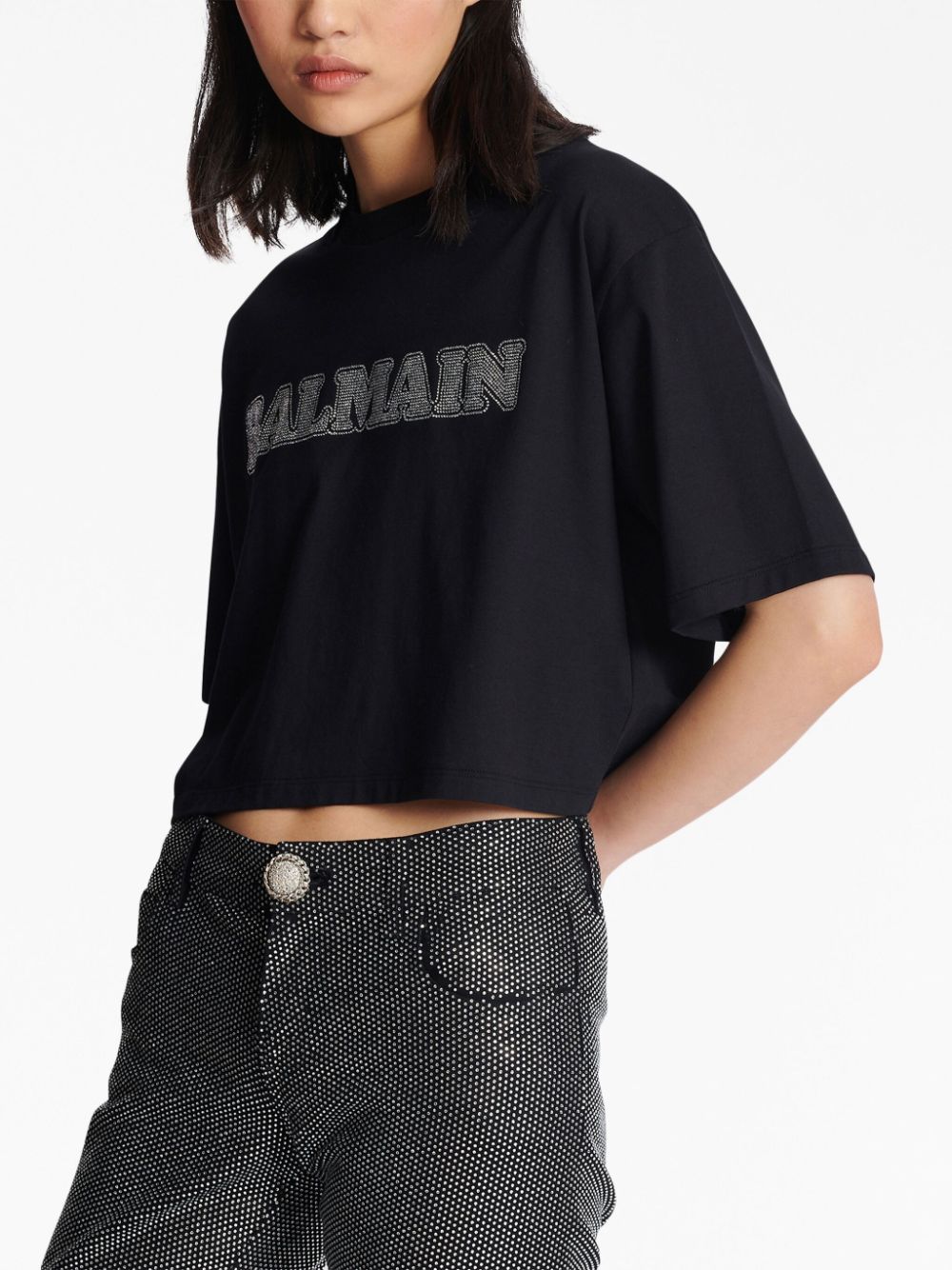 Balmain rhinestone-logo cropped cotton T-shirt Women