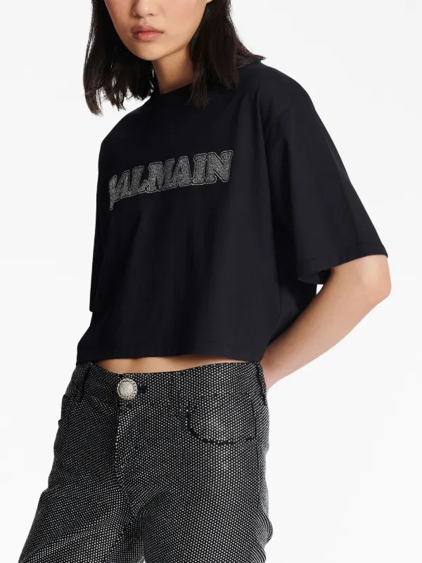 Balmain rhinestone-logo Cropped Cotton T-shirt | Black