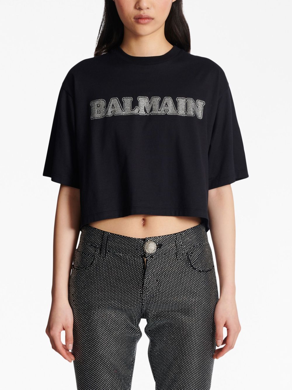 Balmain rhinestone-logo cropped cotton T-shirt Women