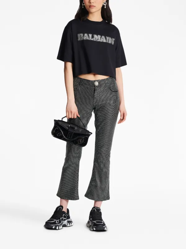 Balmain rhinestone-logo Cropped Cotton T-shirt | Black