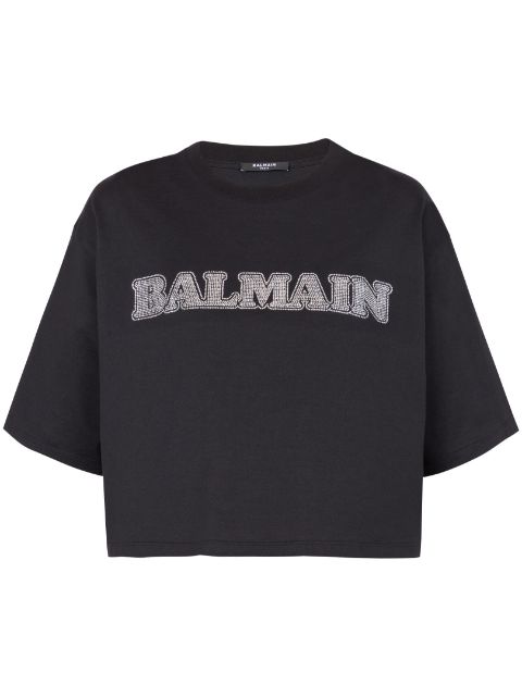 Balmain rhinestone-logo cropped cotton T-shirt Women