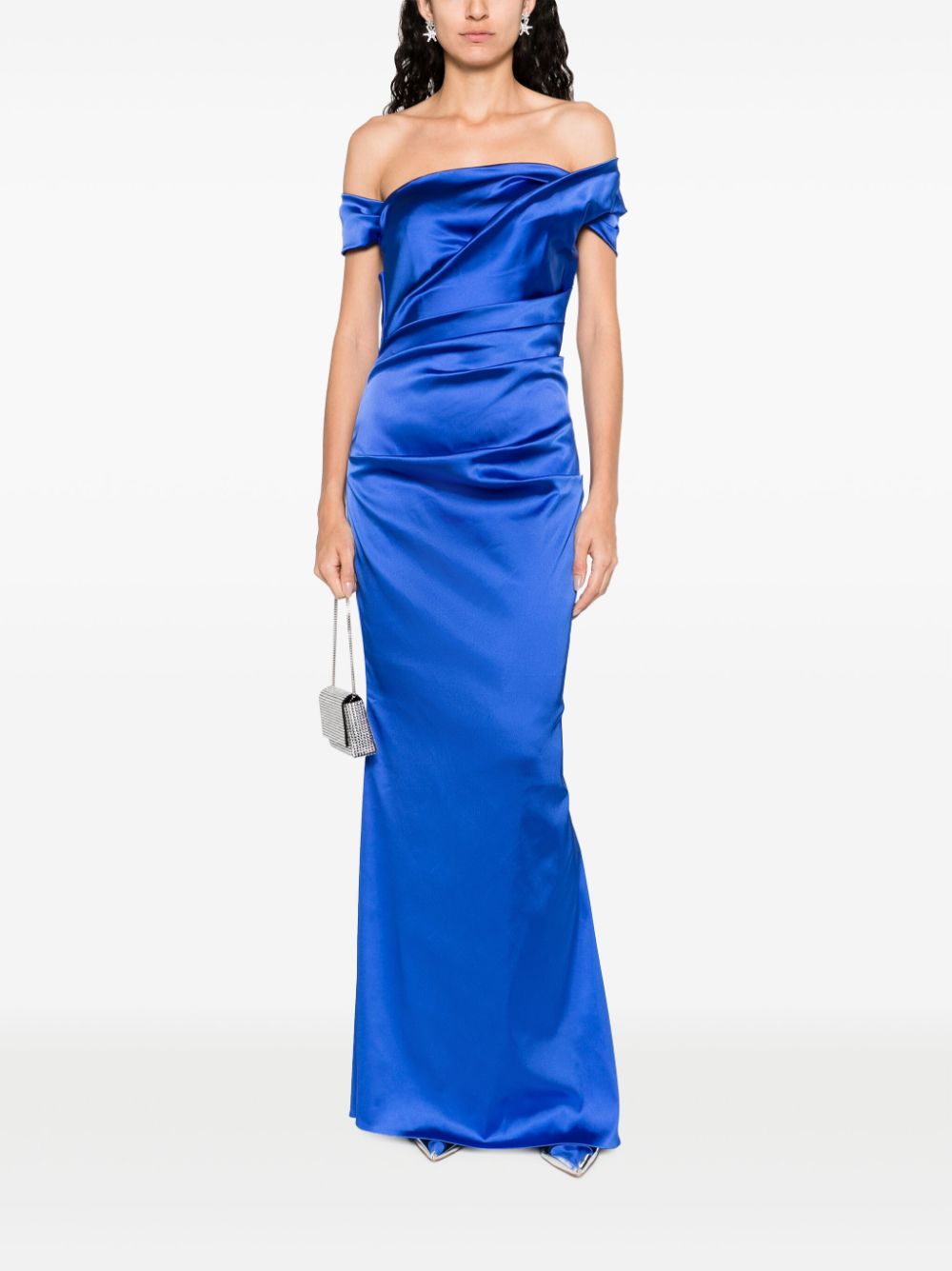 Talbot Runhof off-shoulder gathered-detail evening gown - Blauw