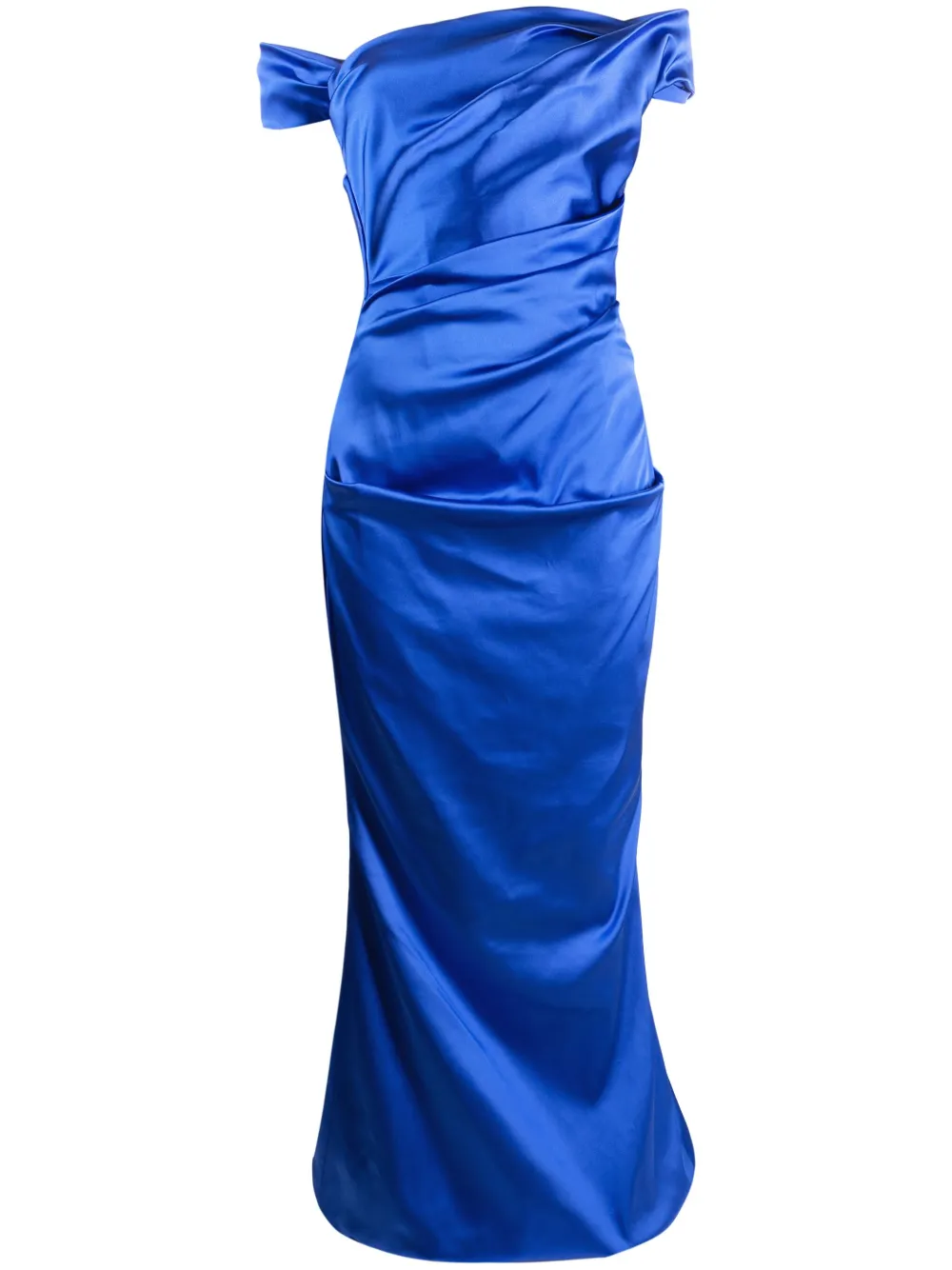 Talbot Runhof Off-shoulder Gathered-detail Evening Gown In Blue
